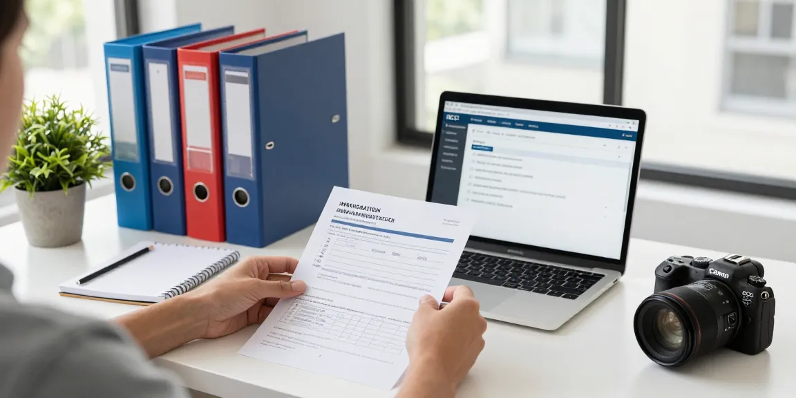 IRCC document organizer workspace with colorful binders and digital devices for efficient immigration paperwork.
