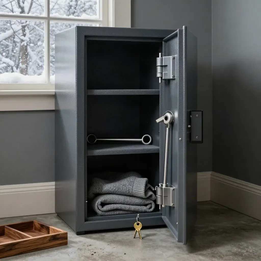 Open wall safe with brass key ring, pry bar, blanket and cedar tray in a basement safe room.