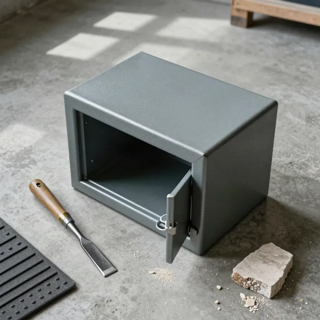 Overhead floor safe open in concrete with chisel, mat, and masonry offcut