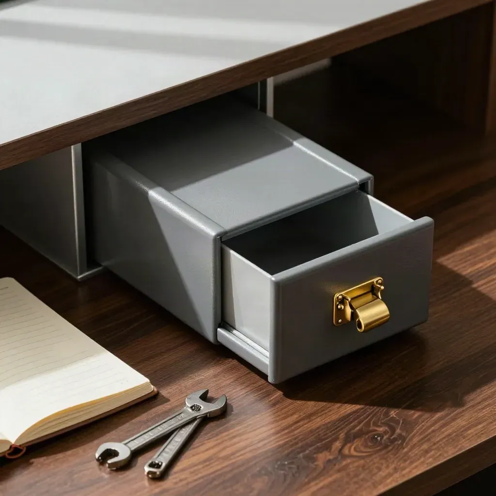 Under-desk drawer safe half-open with rail, notebook and wrench on dark oak.