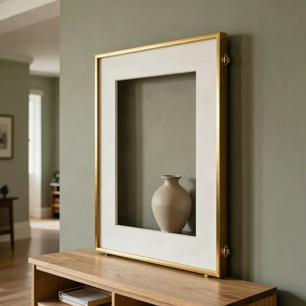 Wall art safe swings open in a modern hallway beside a console table and ceramic vase