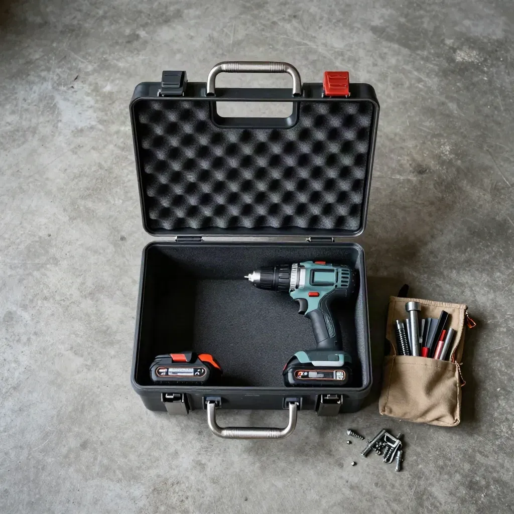 Overhead flatlay of an open contractor job box with drill, battery, hardware pouch on concrete garage floor.