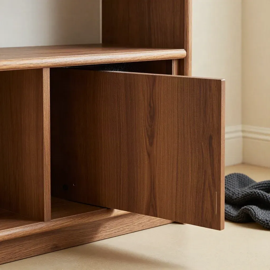 Hidden bookshelf safe closing flush in a warm oak cabinet with a charcoal knit throw nearby.
