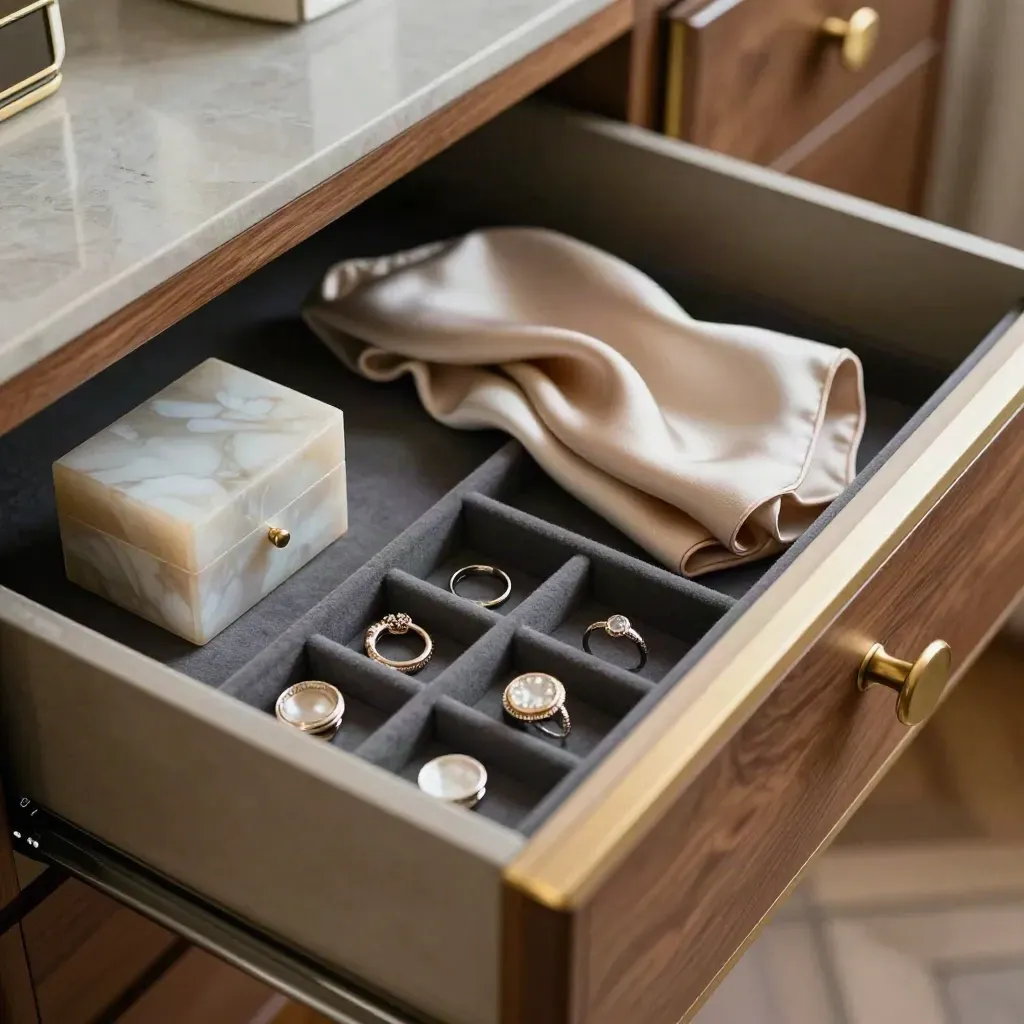 Open jewelry drawer safe with felt tray, pearl box, watch cushion and silk scarf in soft daylight.